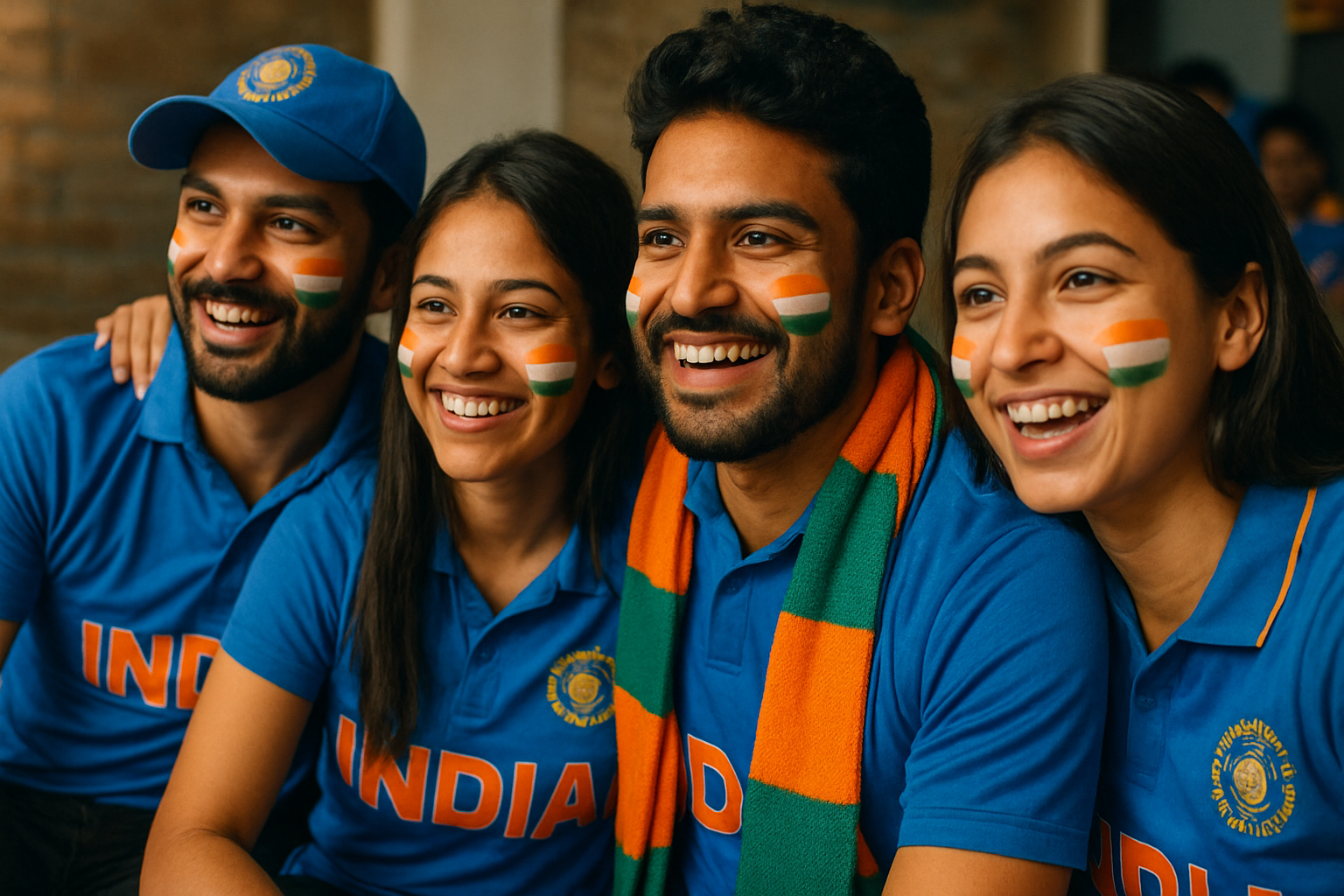 Smiling Indian cricket supporters wearing blue team jerseys with tricolor face paint.