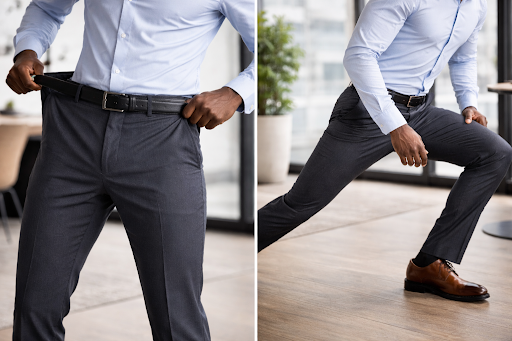 Man demonstrating stretchable formal trousers by pulling waistband and lunging, highlighting flexibility and comfort in office wear.