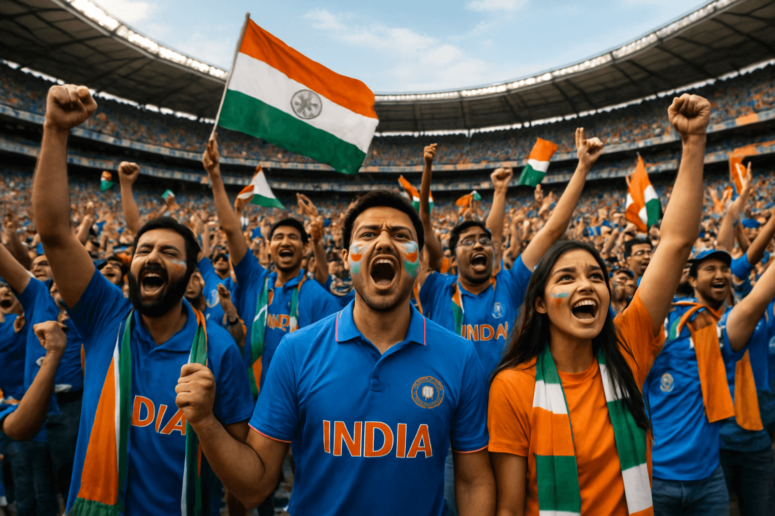 Indian cricket fans in blue jerseys cheering in a packed stadium, waving the Indian flag.