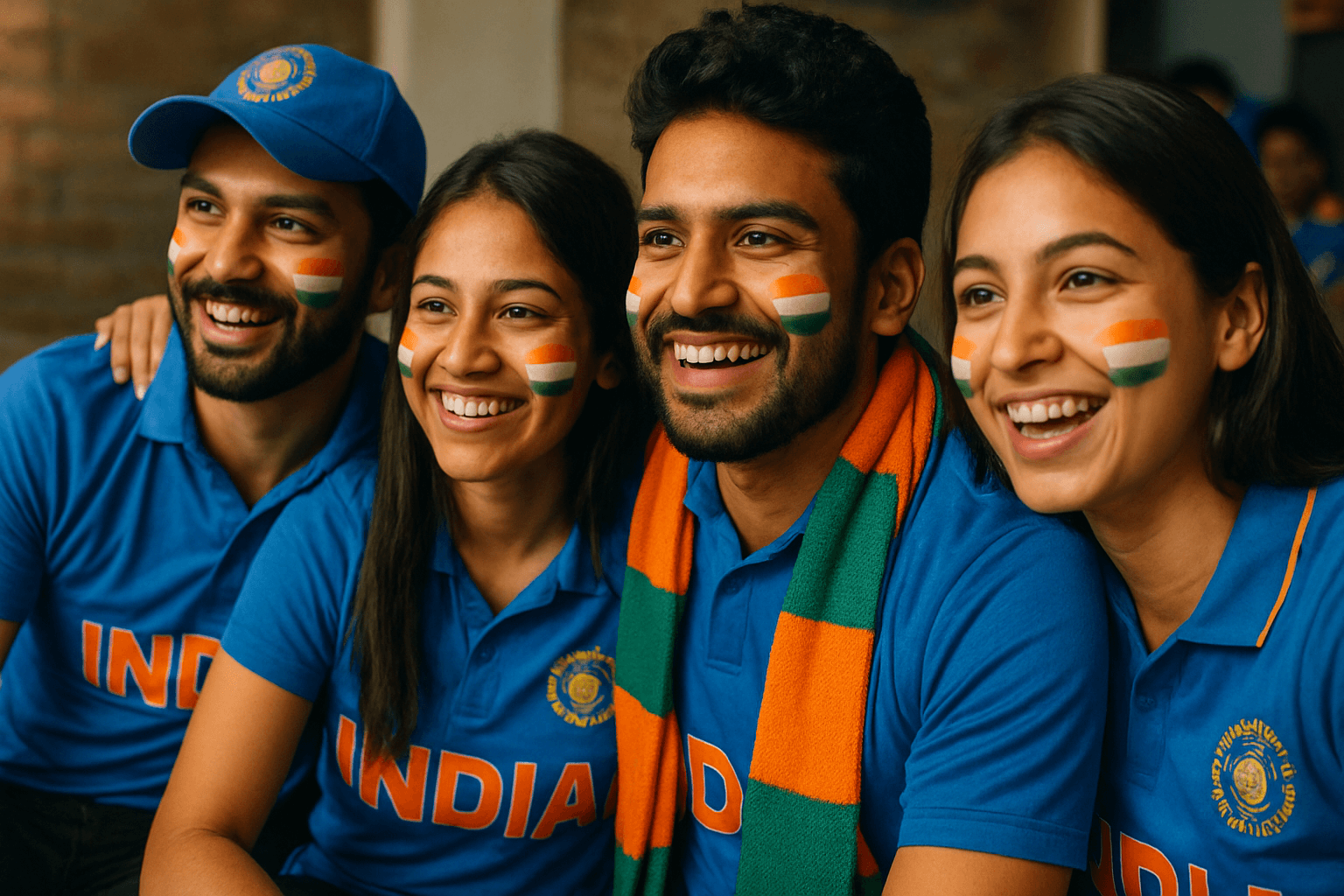 Smiling Indian cricket supporters wearing blue team jerseys with tricolor face paint.