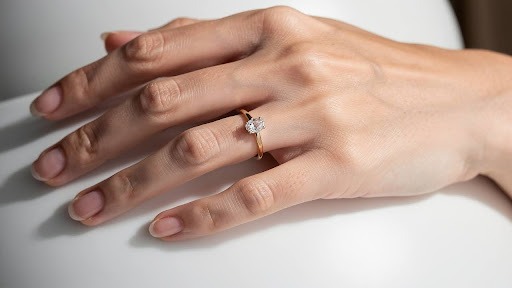 Close-up of a hand with a diamond ring on a soft neutral background.