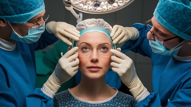 Two surgeons adjusting a woman’s face before a cosmetic or ophthalmic procedure in an operating room.