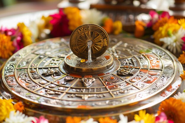 A decorative zodiac wheel with astrological symbols surrounded by colorful flowers.