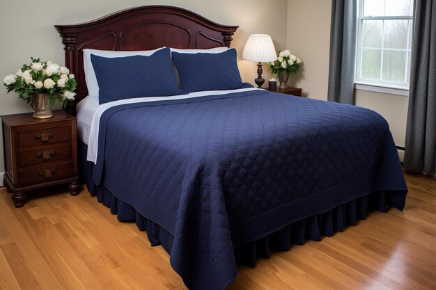 Cozy bedroom with wooden bed frame, navy blue bedding, bedside tables, lamp, and window with curtains.