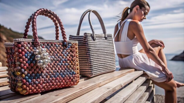 Two colorful woven handbags on a wooden bench by the sea with a woman sitting nearby in a white dress