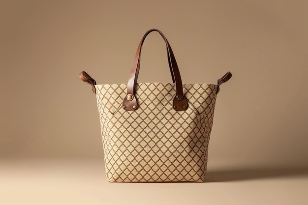 Beige patterned tote bag with brown leather handles displayed against a neutral background