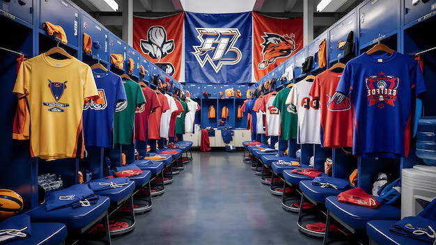 Sports locker room lined with colorful football jerseys, benches, and team banners in a vibrant setting.