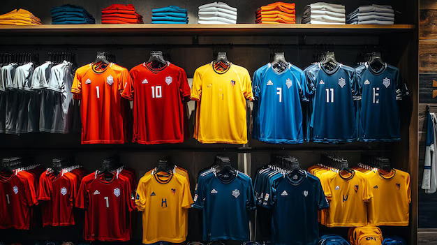 Display of colorful football jerseys neatly arranged on shelves inside a modern sports apparel store.

